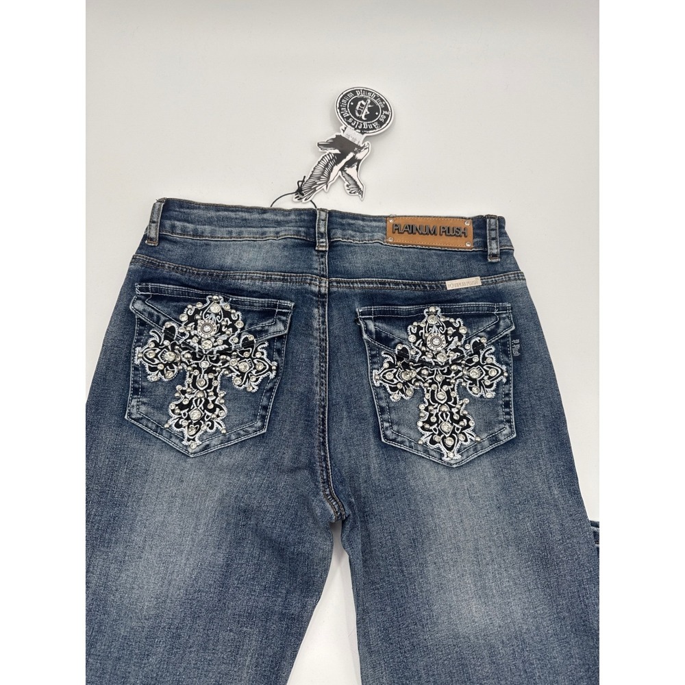 Platinum Plush‎ Y2K Rhinestone Cross Bootcut Jeans Medium Wash NWT Size 5